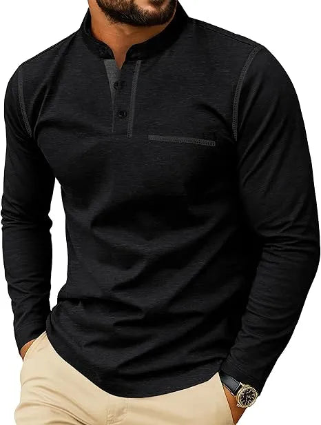 Langarm-Henleyshirt für Herren – Baumwolle, Knopfleiste & Brusttasche